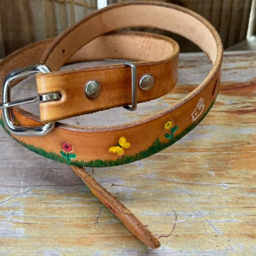 Hand Tooled & Painted Leather Belt Flower Bunny Deer Butterfly Ladybug Mushroom